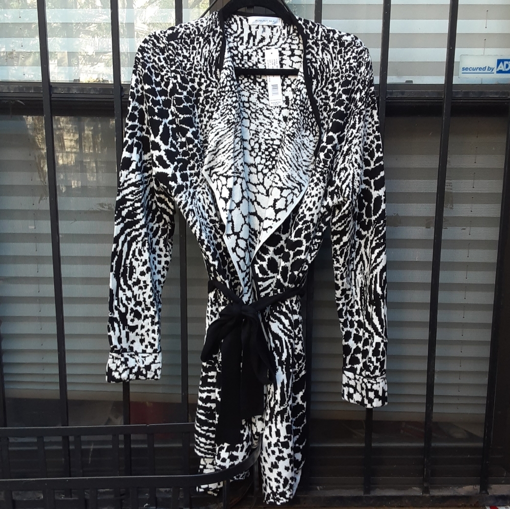 August Silk Black and White Belted Open Cardigan